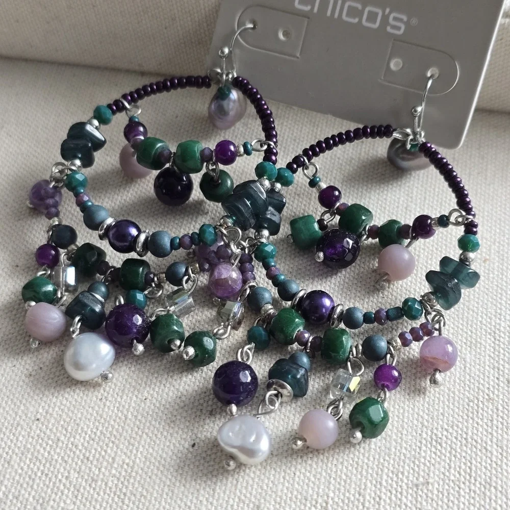 NWT Chico's Declan Green Purple Beaded‎ Chandelier Hoop Earrings Boho Statement